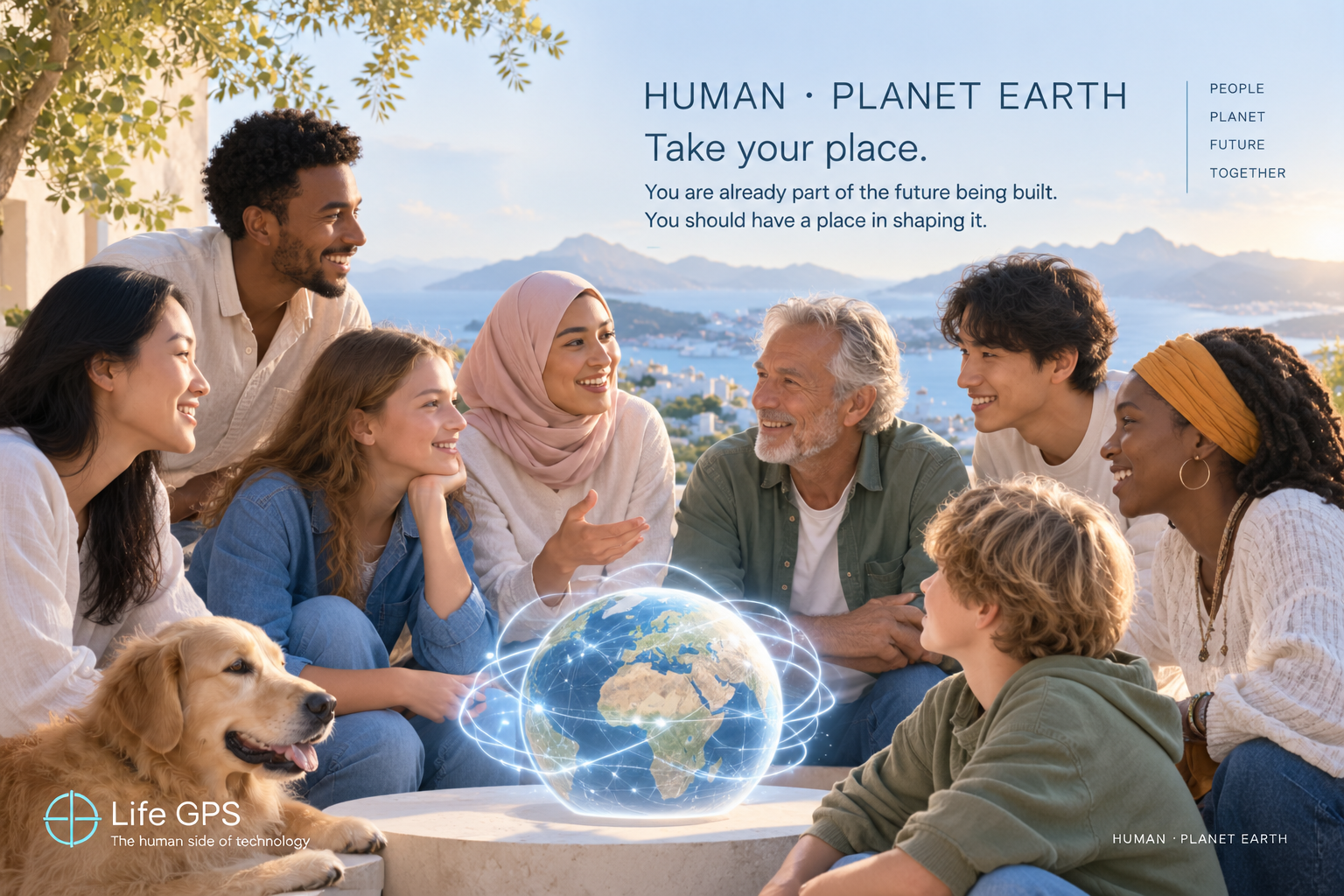 Illustration: different people gathered around a shared planet, with a place for each of them in shaping its future.