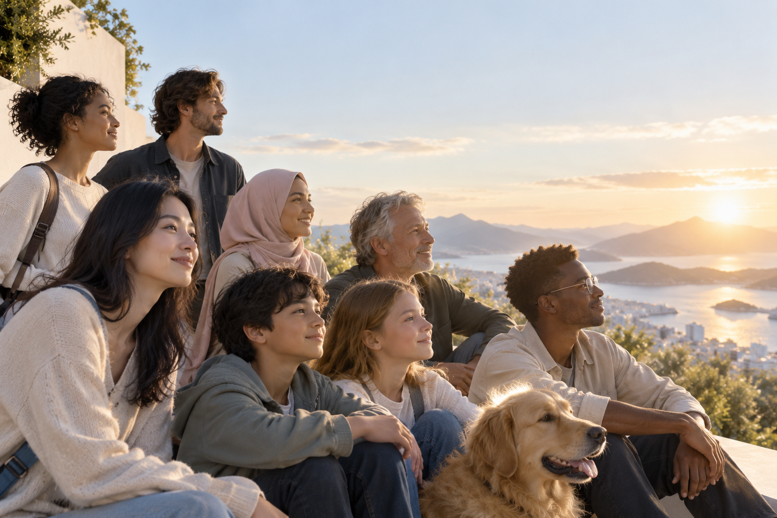 Illustration: people of different generations looking toward a sunlit horizon together.