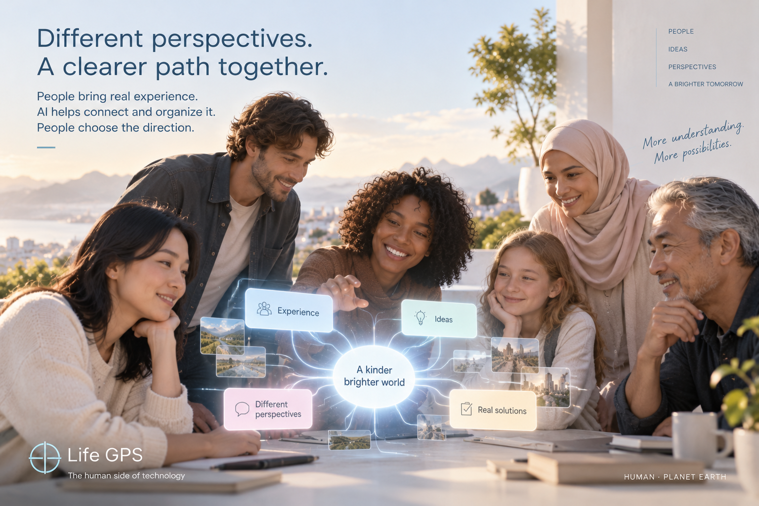 Illustration: people bringing different experiences and ideas into a shared picture, while choosing the direction themselves.