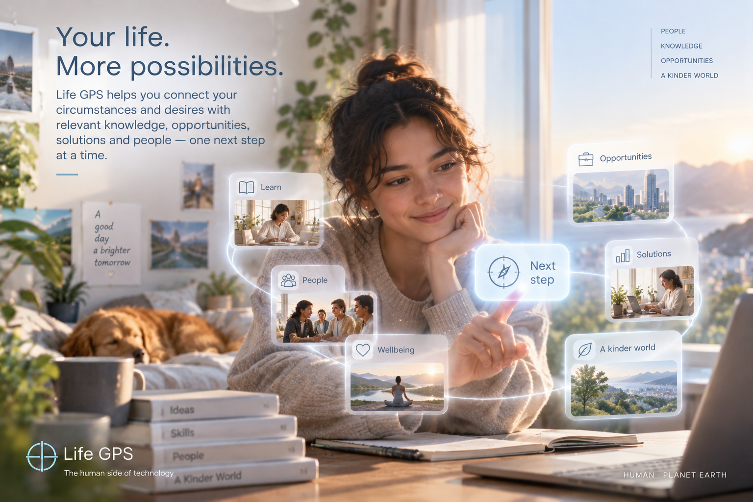 Illustration: knowledge, opportunities, solutions and people assembled around one person's life and next step.
