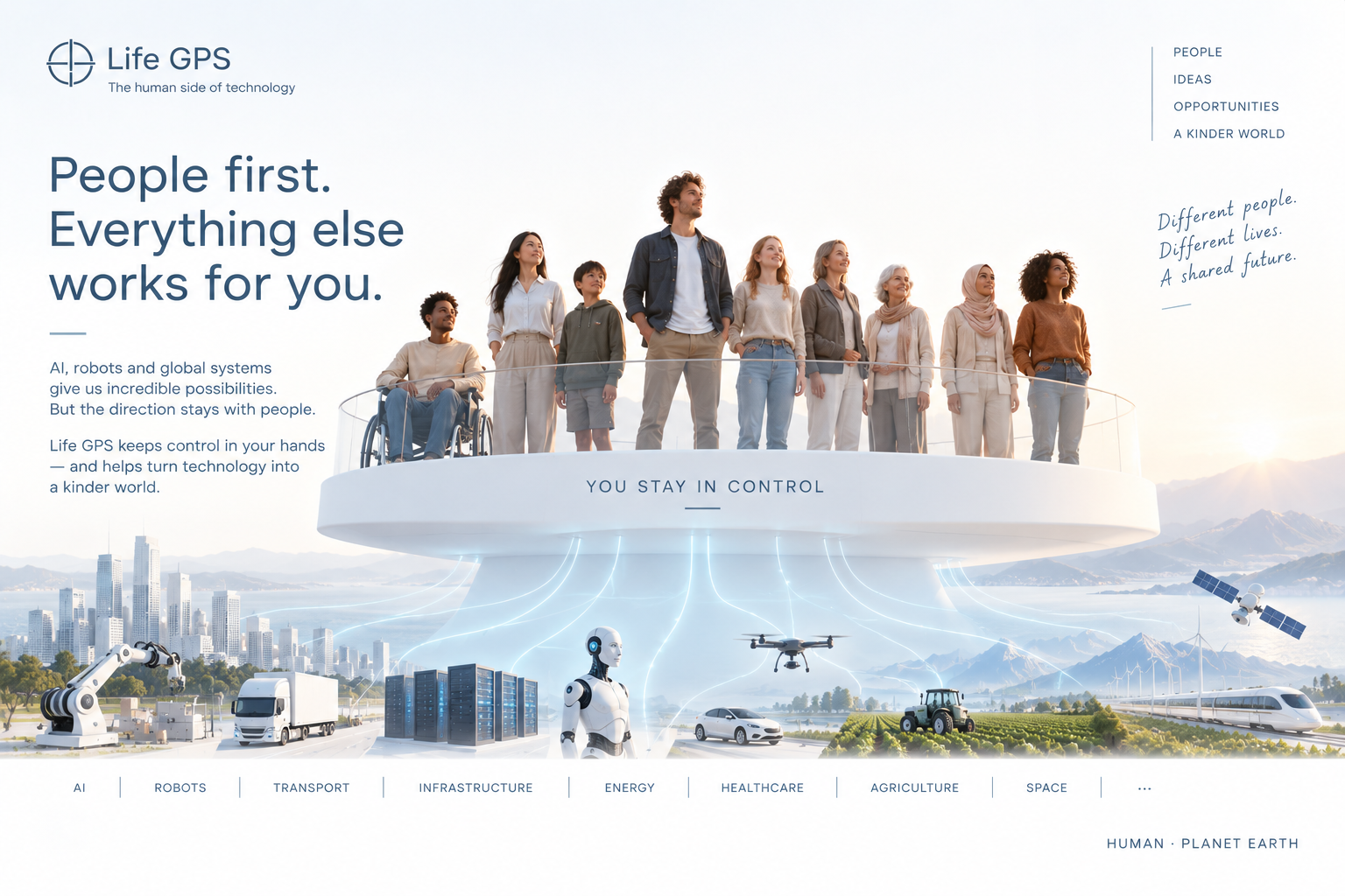 Illustration of an ambition: technology and infrastructure serving people, with the direction remaining in human hands.
