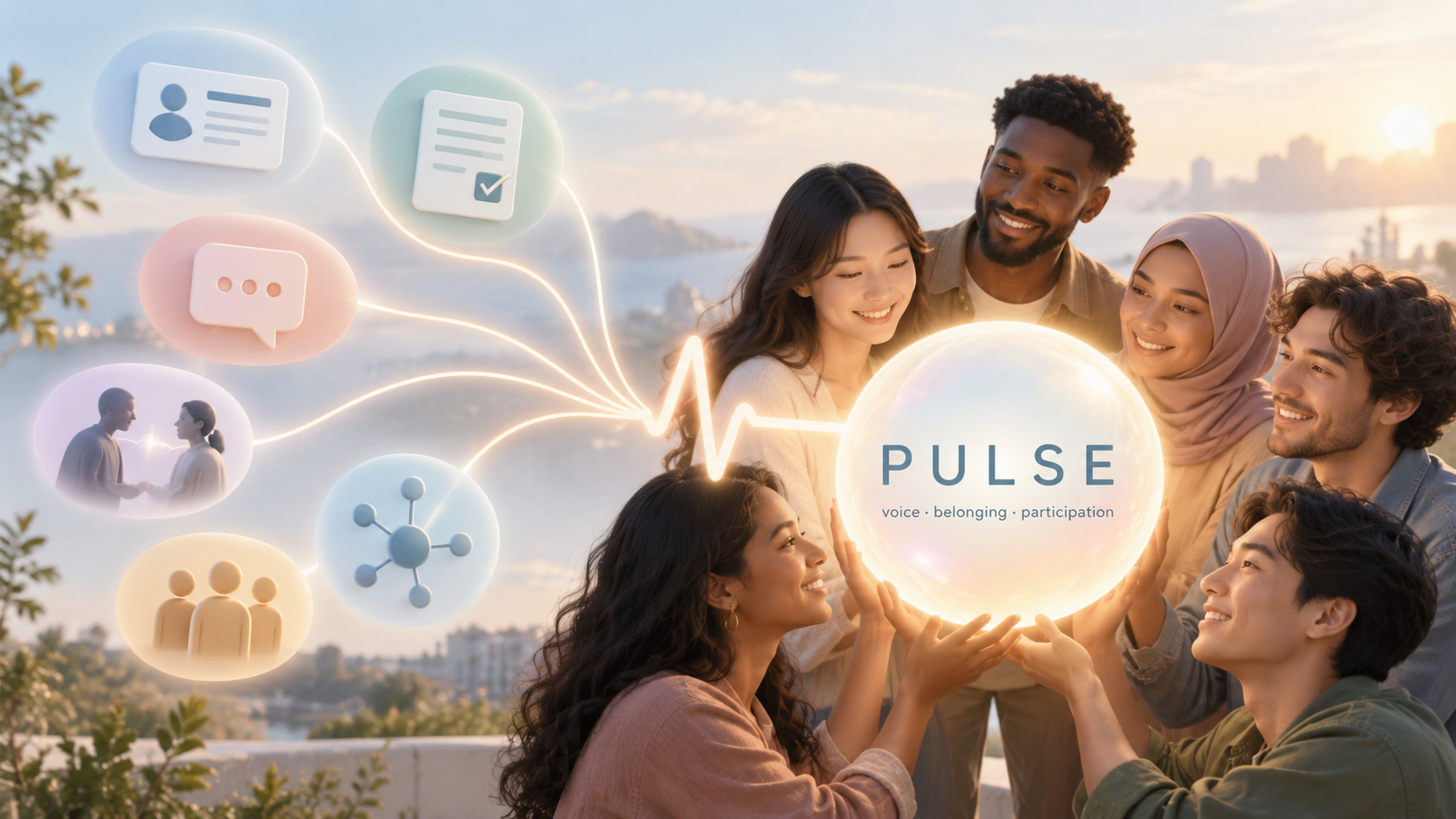 Final illustration: different people sharing a Pulse of voice, belonging and participation.