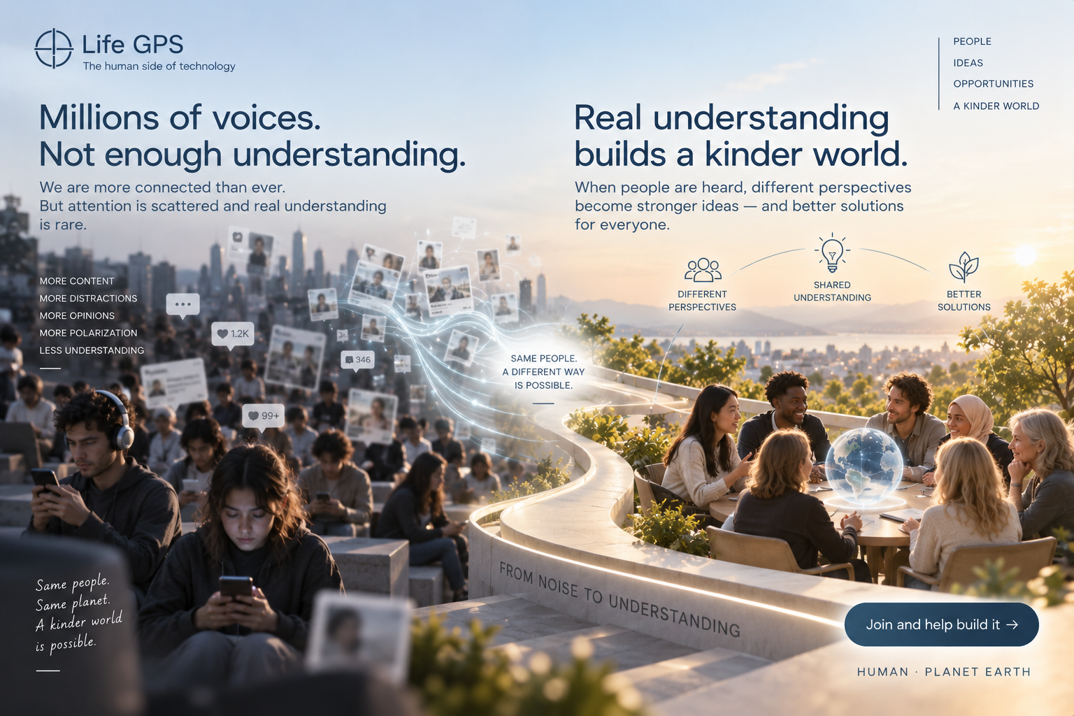 Illustration: a single transition from a noisy stream of messages to people listening and building understanding together.